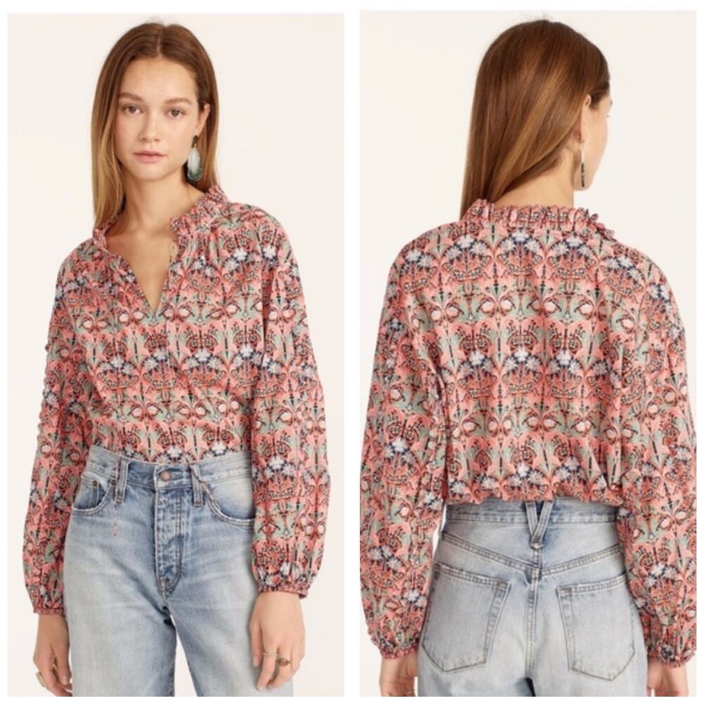 J. Crew Scalloped Tie-Neck Top Size Small Liberty May Nouveau print Boho Preppy